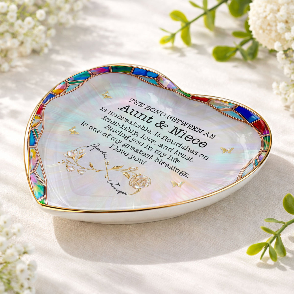 Aunt & Niece Bond - Personalized Heart-Shaped Jewelry Dish - Keepsake Gift with Names & Message