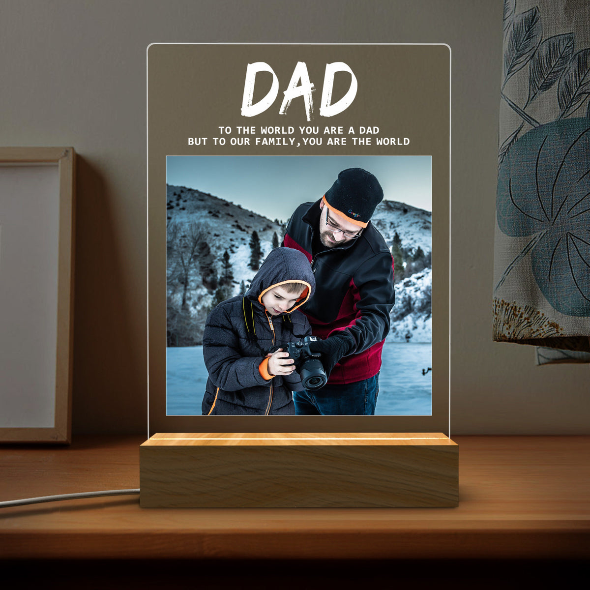 Dad You Are The World Photo Collage - Personalized 3D LED Light Wooden Base - Gift For Father