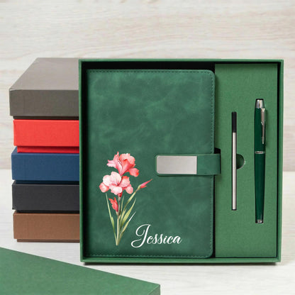 Personalized Birth Flower Leather Notebook With Pen, Custom Leather Journal For Daughter Graduation, Friend & Colleague Birthday Gift