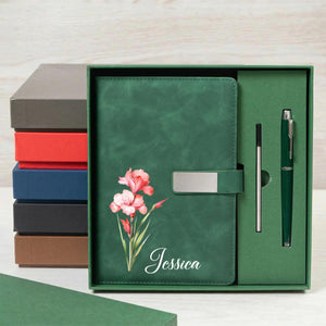Personalized Birth Flower Leather Notebook With Pen, Custom Leather Journal For Daughter Graduation, Friend & Colleague Birthday Gift