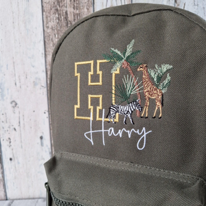 Safari Animals Backpack, Personalised Embroidered Bag, Back to School, Nursery Safari Bag