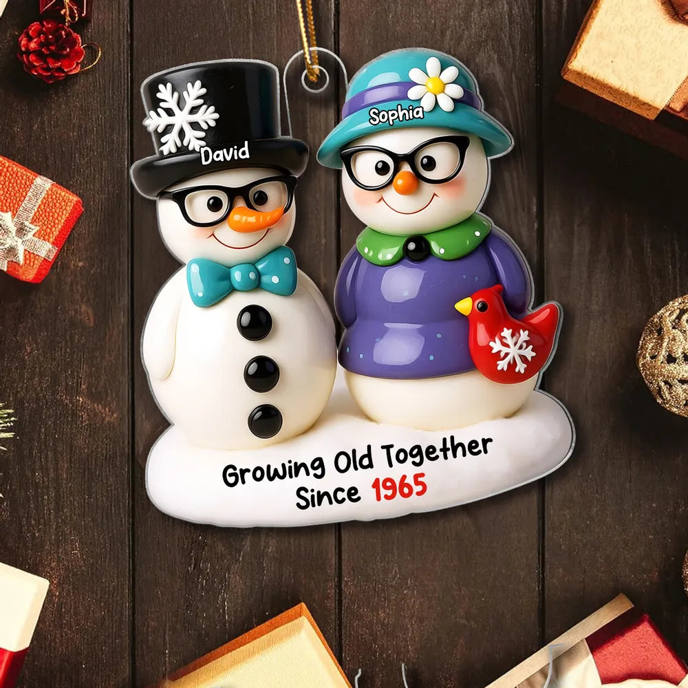 Snowman Couple Growing Old Together Personalized Acrylic Ornament, 3D Effect Ornament for Couple