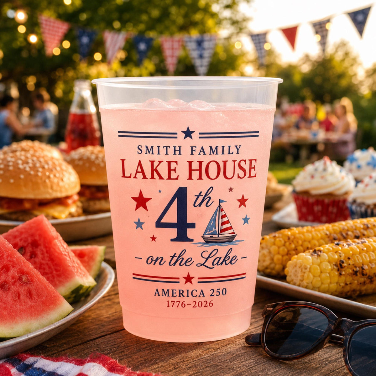 Personalized Lake House Plastic Cups, Custom 4th of July Cups, America 250 Family Lake Party Cups, Patriotic Plastic Cups