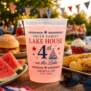 Personalized Lake House Plastic Cups, Custom 4th of July Cups, America 250 Family Lake Party Cups, Patriotic Plastic Cups