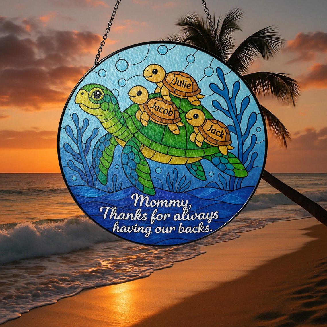 Custom Turtle Family Glass Suncatcher Gift for Mom on Mother s Day, Personalized Sea Turtle Window Decor with Kids Names