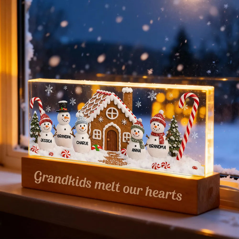 3D Effect Snowman Family In Snow - Personalized LED Light Wooden Base - Christmas For Family