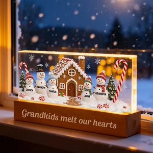 3D Effect Snowman Family In Snow - Personalized LED Light Wooden Base - Christmas For Family