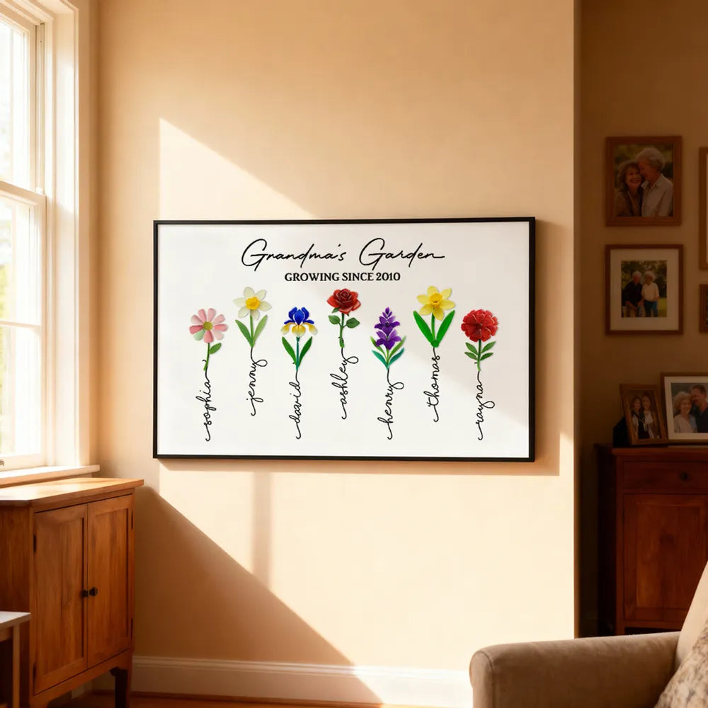 3D Sea Glass Birth Month Flowers Grandma's Garden - Personalized Canvas - Gift For Grandma, Mom, Birthday Gift