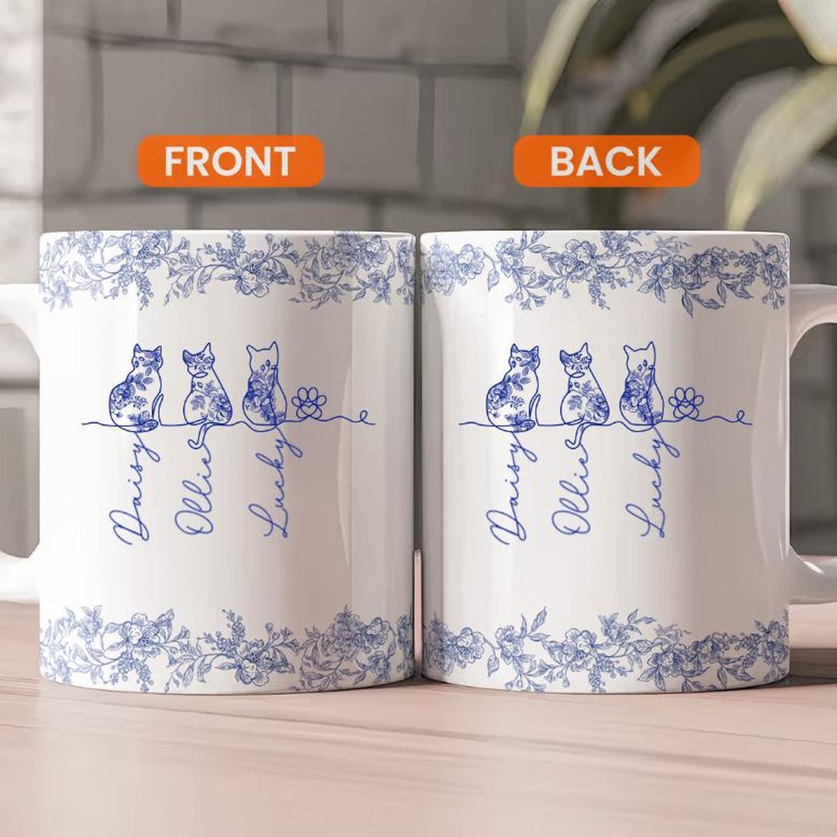 Custom Cat's Name Mug, Toile De Jouy Birth Flowers Mug, Cat Memorial Gift, Cat Lovers Gift, Cat Mom Gift, Gift For Cat Owner, Cat Owner Gift