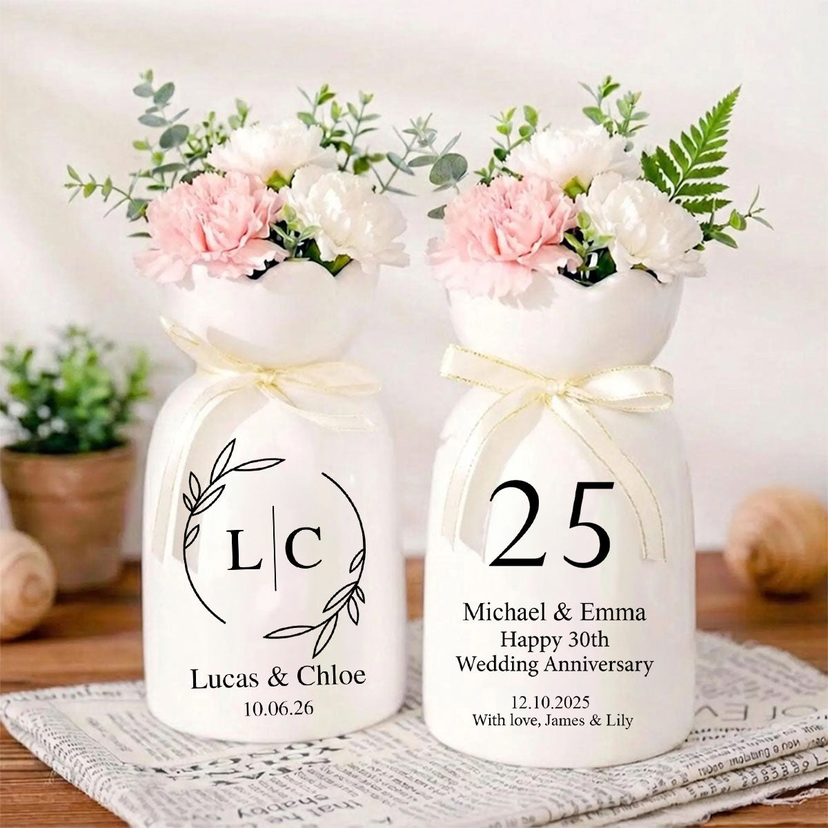 Custom Ceramic Anniversary Vase - Personalized Engagement Gift, Wedding Flower Pot for Couples, Anniversary