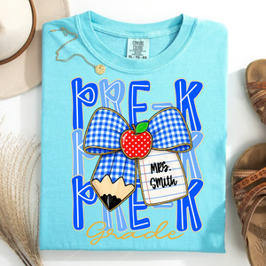 Preppy Back To School, Blue Gingham Pencil Bow, Custom Teacher Team, Pre-K To Fourth Grade Team