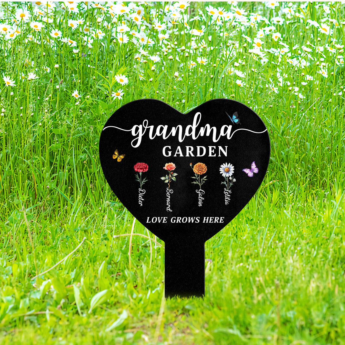 Personalized Grandma Garden Sign, Metal Flower Garden Stake with Grandkids' Names, Heart Shaped Yard Decor, Nana's Blessings