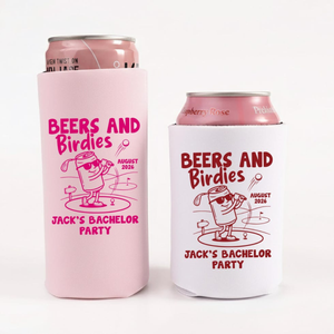 Beers and Birdies Can Cooler, Golf Party Favor, Custom Name Drink Sleeve, Golf Theme Gift, Groomsmen Party Favor, Bachelor Trip Gift