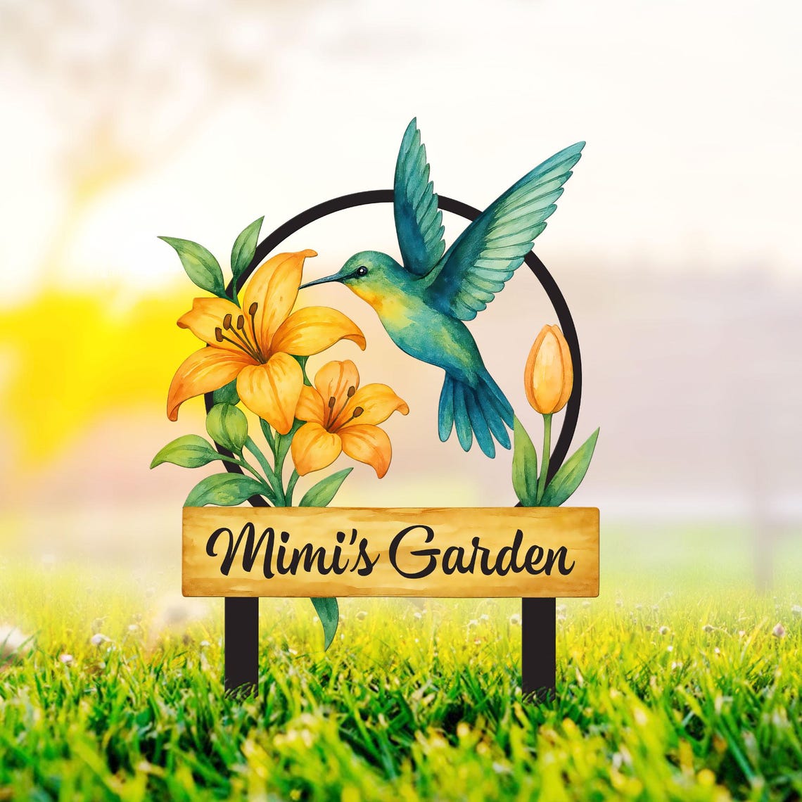 Custom Hummingbird Metal Garden Sign, Bird with Stakes Garden Decor, Mother's Day Gardening Gift, Nana's Blessings, Gardener Name Sign