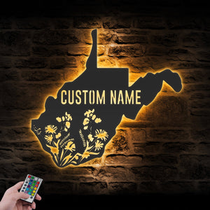 Custom Wild Flower State Metal Wall Art LED Light, Personalized Wildflower Map Name Sign Home Decor, Floral Decoration Christmas