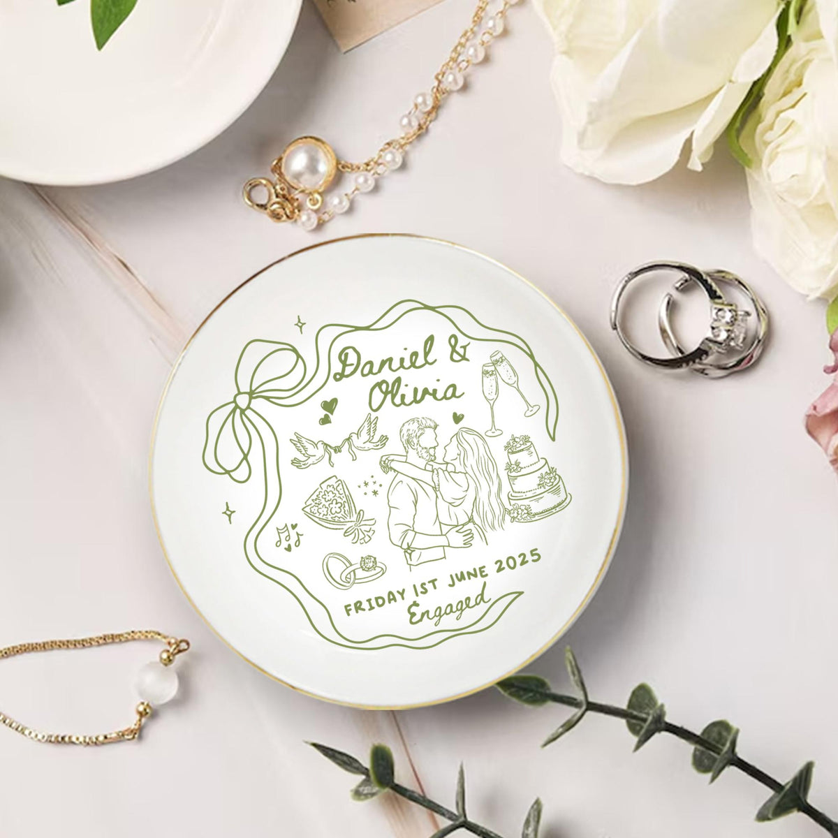 Engaged Ring Dish, Personalized Engagement Gift, Custom Name Ring Holder Christmas Gift, Wedding Gift For Bride, Sentimental Gift For Bridal