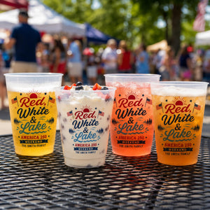 Red White and Lake Plastic Cups, Personalized Lake Weekend Stadium Cups, Custom America 250 Family Party Favors