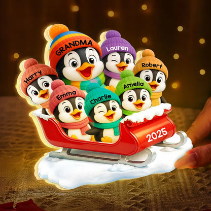 3D Effect Cute Grandma Grandkids Penguin On Sleigh - Personalized Acrylic Light Box - Christmas Gift For Grandma