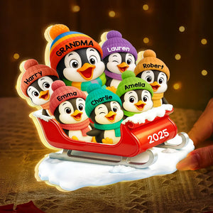 3D Effect Cute Grandma Grandkids Penguin On Sleigh - Personalized Acrylic Light Box - Christmas Gift For Grandma