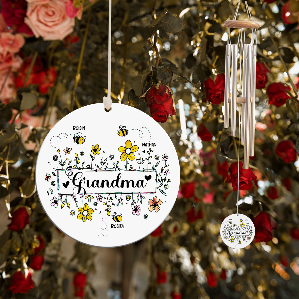 Grandma Bee Flower Wind Chimes, Cute Grandkid Bee, Personalized Wind Chime, Mother's Day Gift, Gift for Grandma