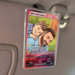 Custom Poke Card Father's Day Car Visor For Dad, Personalized Trading Card Style Car Visor Picture Holder, Dad And Kid Portrait Car Visor Clip