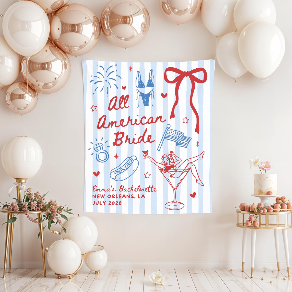 All American Bride Bachelorette Banner, 4th of July Cocktail Party Decor, BBQ Bachelorette Backdrop, Bach Photo Booth, Weenies Bridal Shower