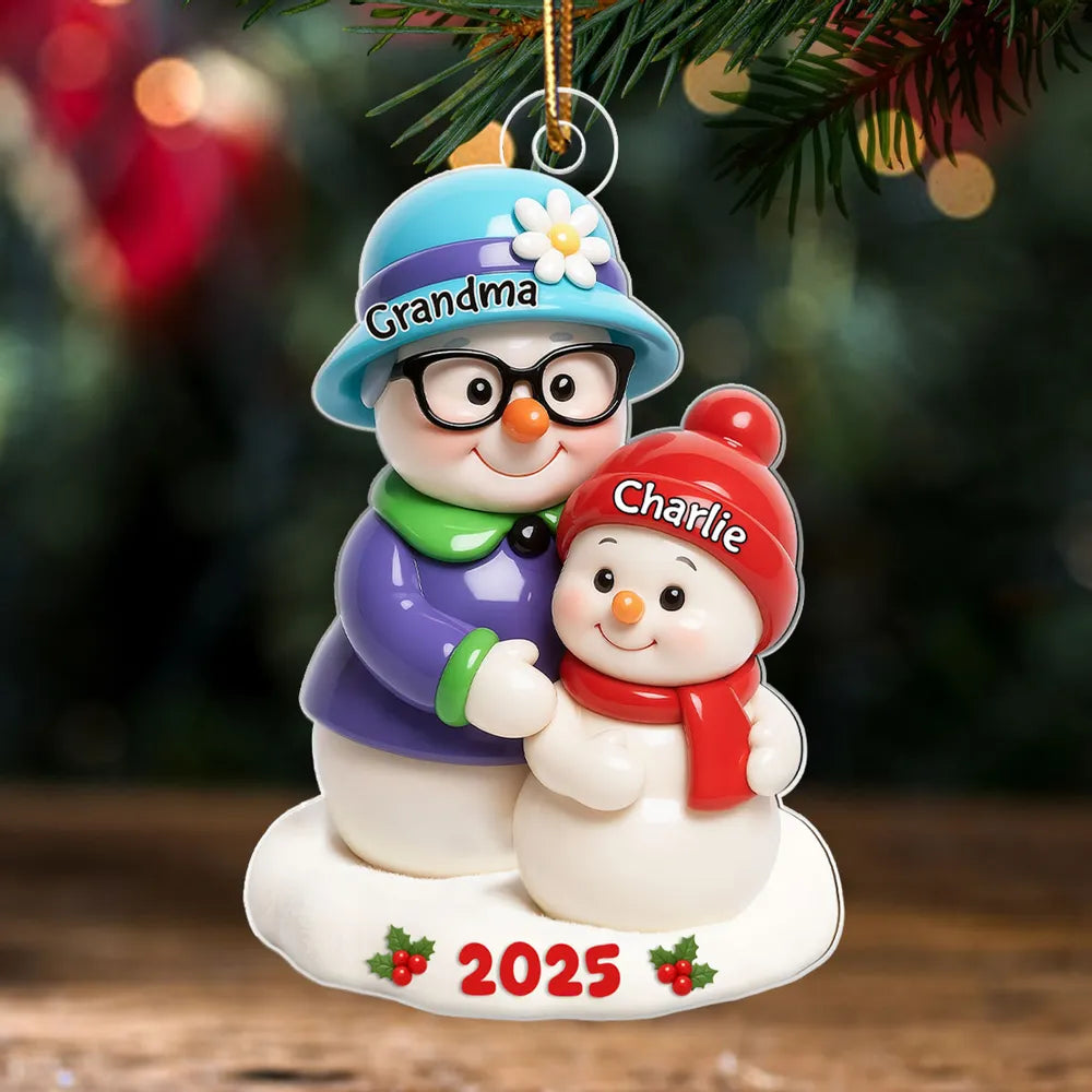 Snowman Grandma Hugging Grandkids 3D Effect - Personalized Acrylic Ornament - Christmas Gift For Grandma