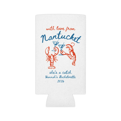 Nantucket Bachelorette Can Coolers, She's a Catch Drink Coolers, Custom Nantucket Beach Party Favors, Girls Trip Drink Holders