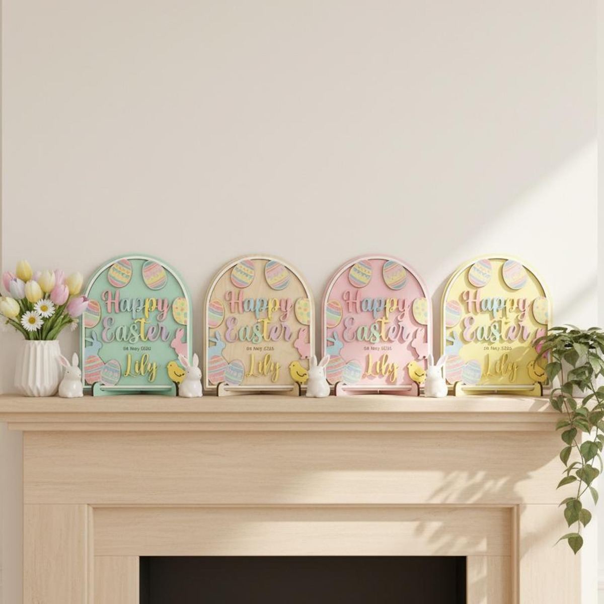 Happy Baby's First Easter Wood Sign, Custom Name & Color Easter Decor, Wooden Plaque with Stand, Kids Keepsake Gift, Easter's Day Baby