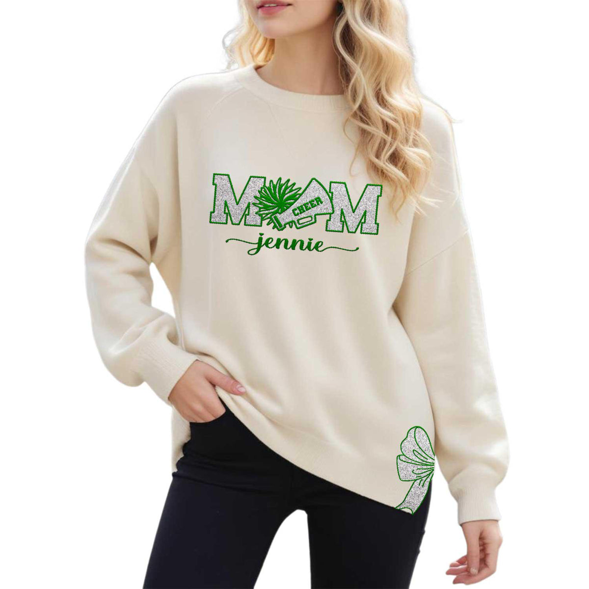 Custom Cheer Mom Side Bow Cut-Out Sweatshirt With Glitter, Trendy Coquette Bow, Cheer Mom Sweatshirt Cheer Gift Glitter Cheerleader Coquette