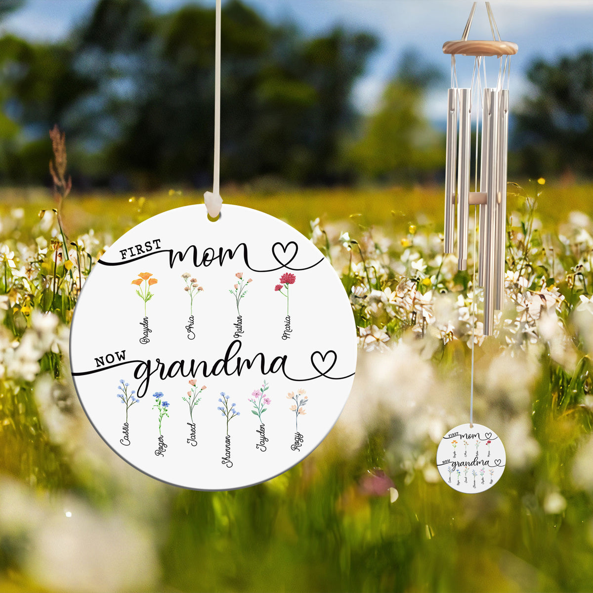 Personalized Grandma's Wind Chime, First Mom Now Grandma, Kid Name With Floral Sign, Grandma Gift Chime, Gift for Grandma, Home Decor
