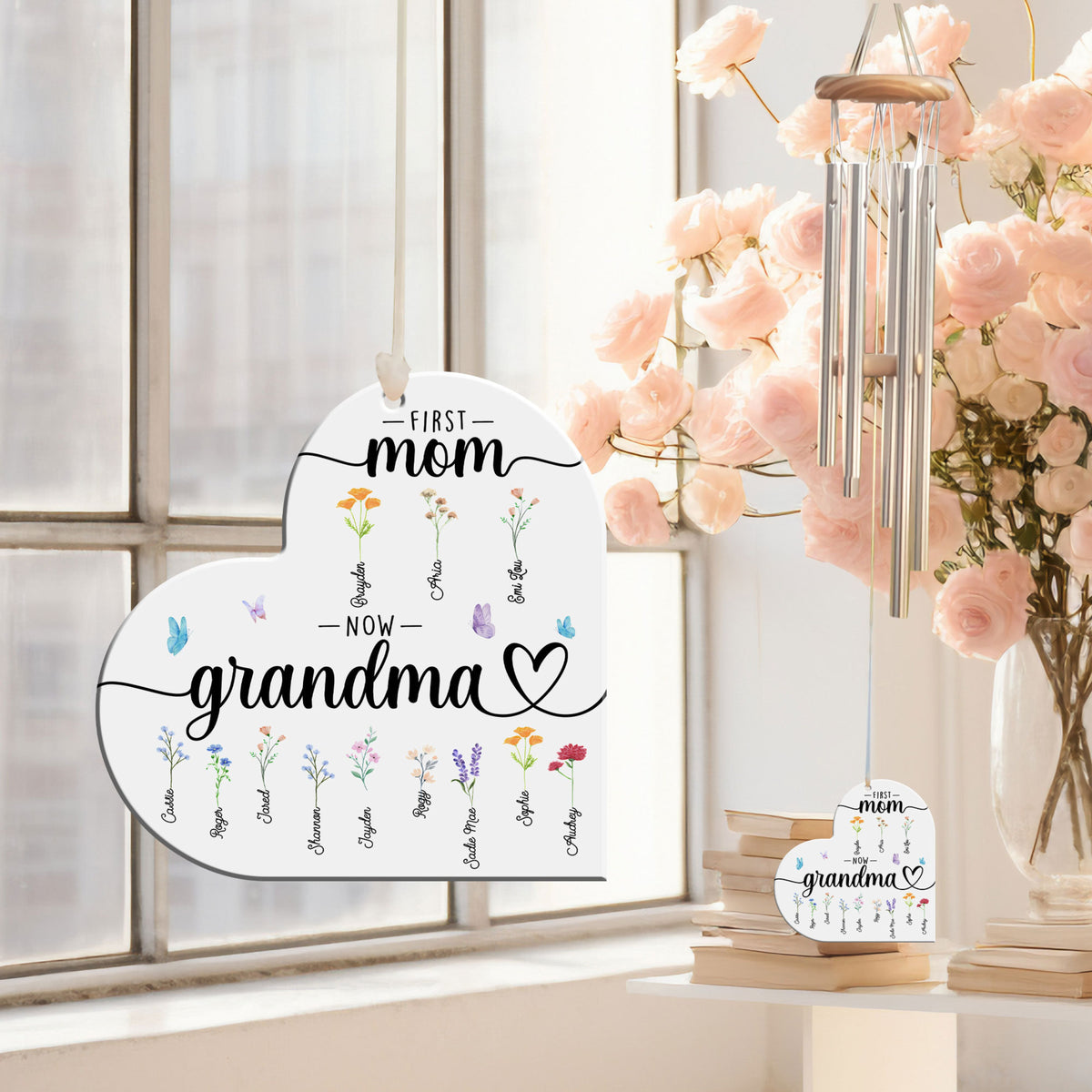 First Mom Now Grandma Custom Birth Month Flower - Personalized Windchime - Gift For Grandma, Mother's Day, Birthday Gift