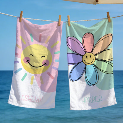 Personalized Brilliant Sun Beach Towel, Custom Name Pool Towel for Girls, Bithday Party Gift For Kids, Tropical Vacation Gift, Beach Lover's Gift
