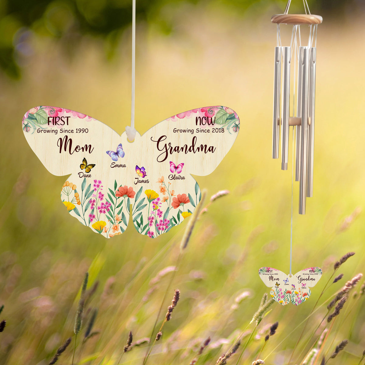 First Mom Now Grandma Butterfly Shape Pendant - Personalized Windchime - Gift For Grandma, Mother's Day, Birthday Gift