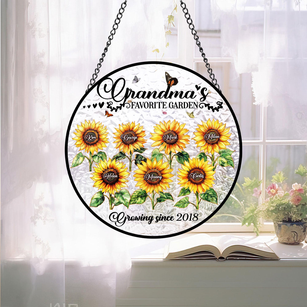 Grandma's Favorite Sunflowers - Personalized Stained Glass Suncatcher - Gift For Grandma, Mother's Day Gift