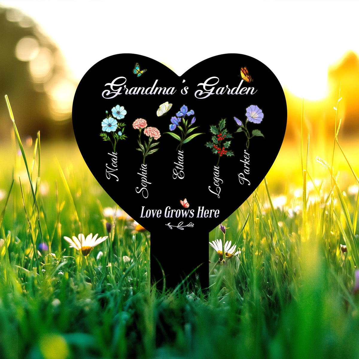 Personalized Birth Flower Metal Garden Stake, Mother's Day Gifts for Grandma, Grandkids Names, Nana's Blessings, Garden Marker Botanical Art