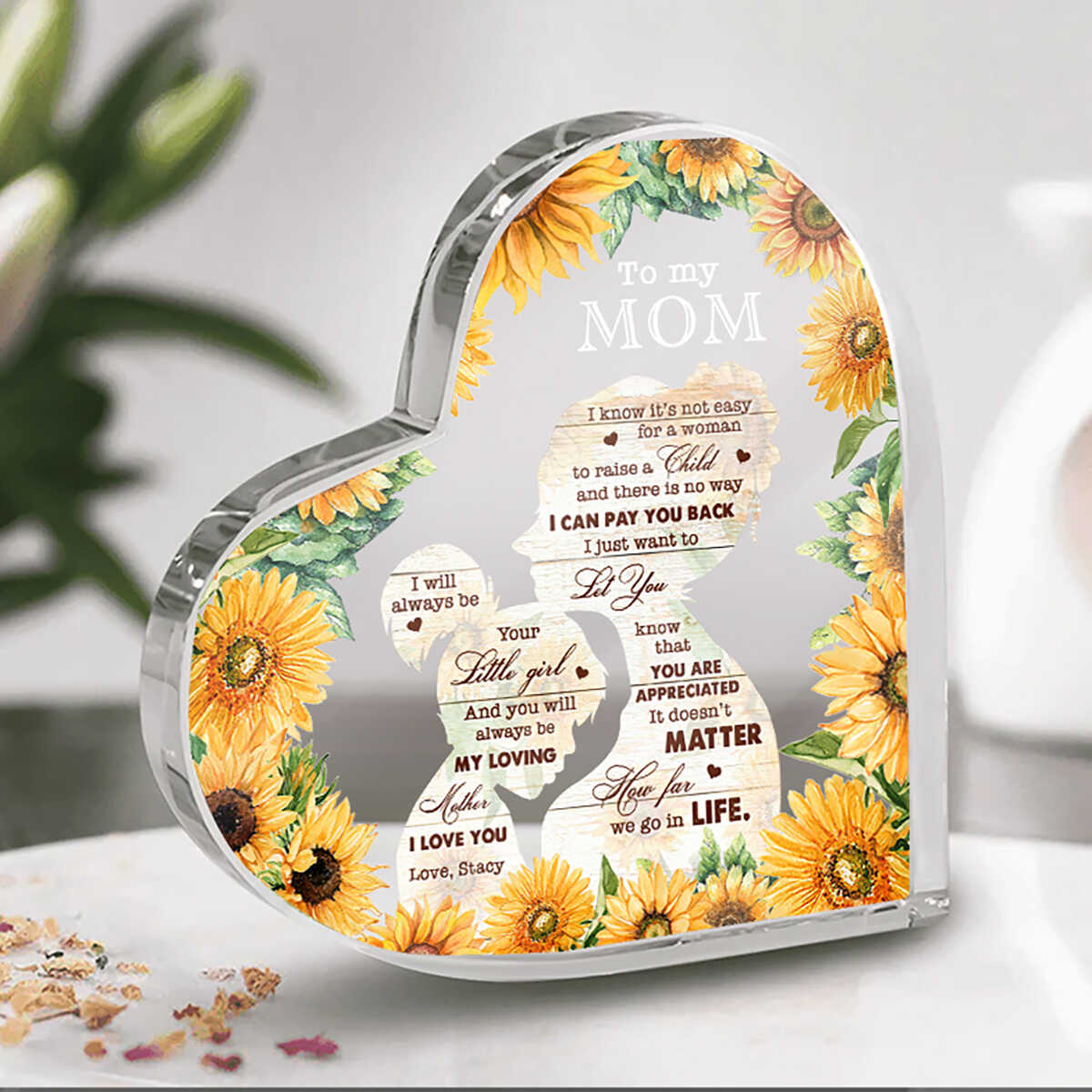 Sunflower Mommy & Daughter - Personalized Heart Shaped Acrylic Plaque - Gift For Mom From Daughter, Mother's Day, Birthday Gift