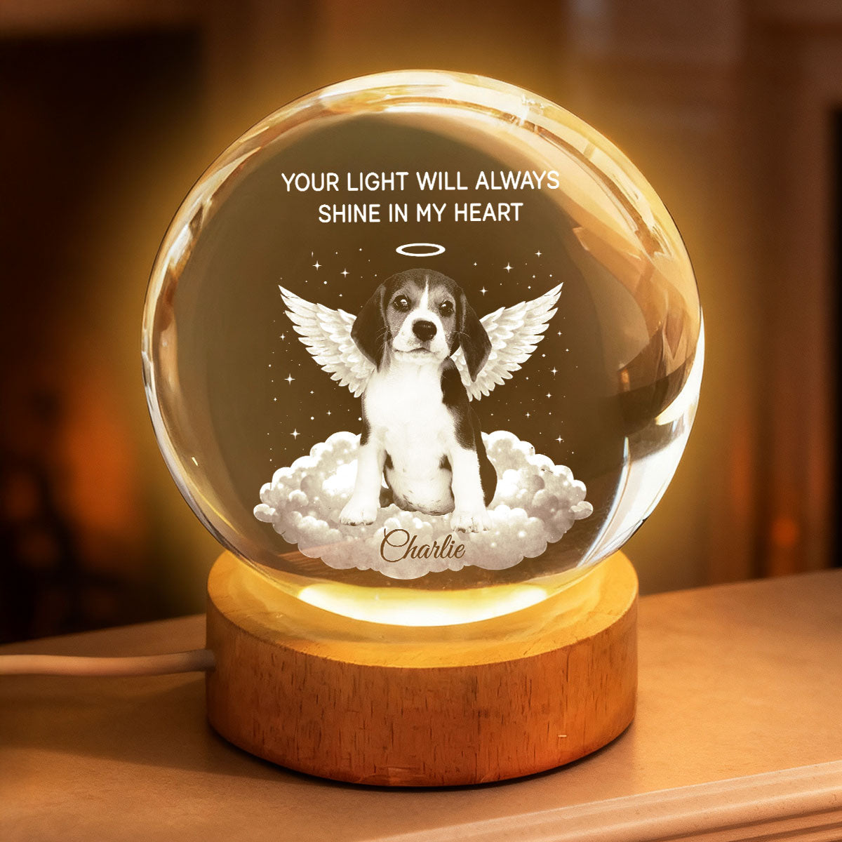 Your Light Will Always Shine in My Heart - Personalized Crystal Ball LED Night Light - Pet Memorial Gift
