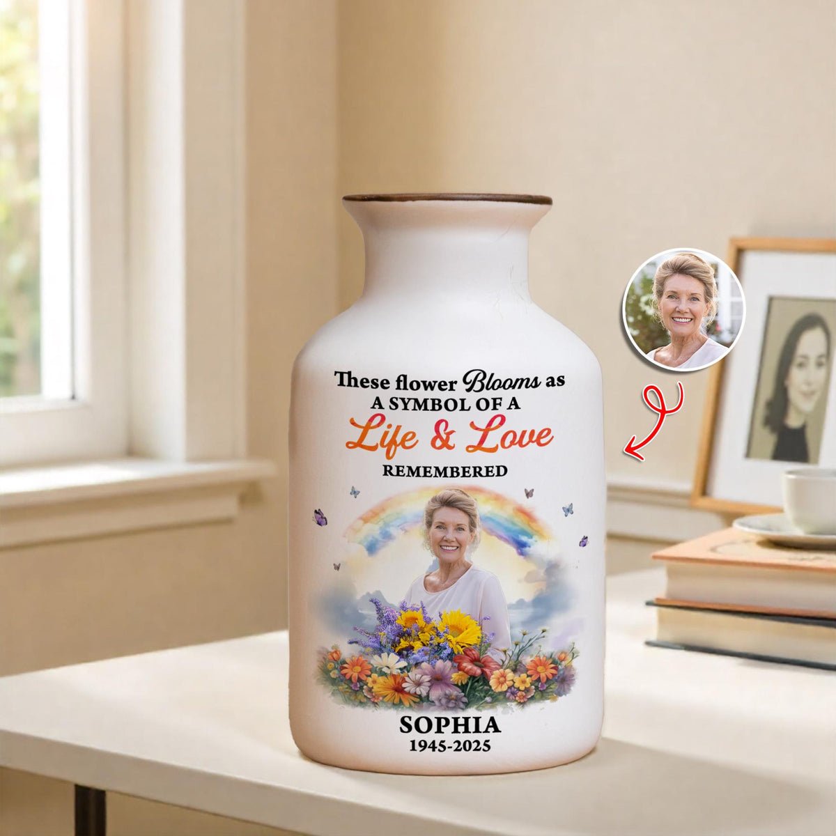 Rainbow Memorial Vase, Personalized Photo Vase, Sympathy Gift, In Loving Memory, Remembrance Gift for Loss of Loved One, Grief Gift