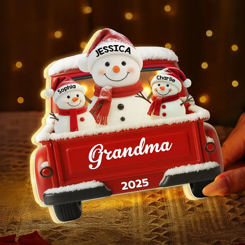Snowman Grandma & Kids Christmas Red Truck - Personalized Acrylic Light Box - Christmas Gift For Mom, Grandma