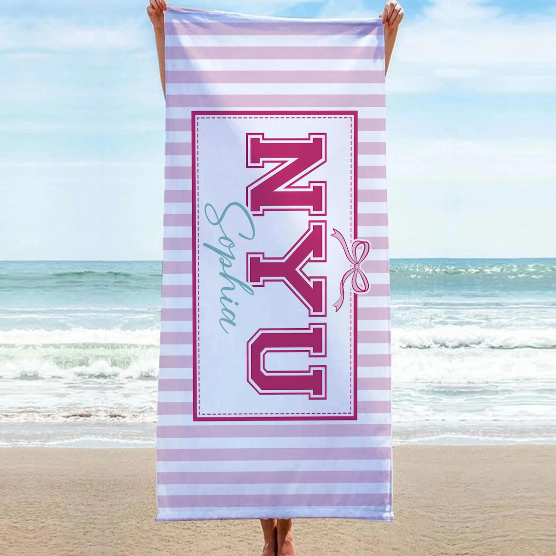 Personalized Coquette School Striped Beach Towel: College University Pride Spirit Gift, High School Graduation Gift, Class Of 2026 Gift