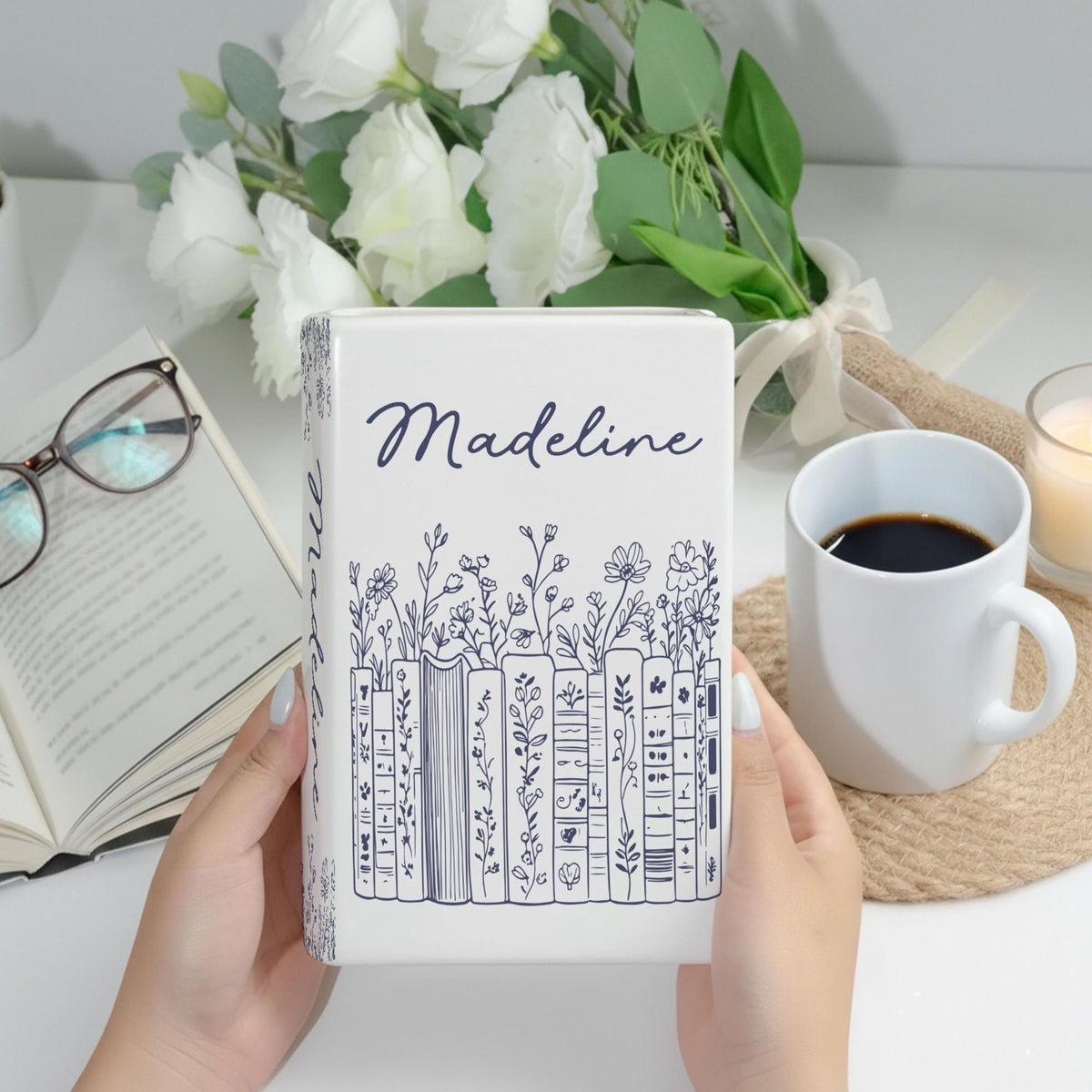 Ceramic Book Vase Customized, Floral Bookshelf Decor, Reading Room Flower Pot, Book Lover Gift, Ceramic Book Flower Vase, Toile De Jouy Vase