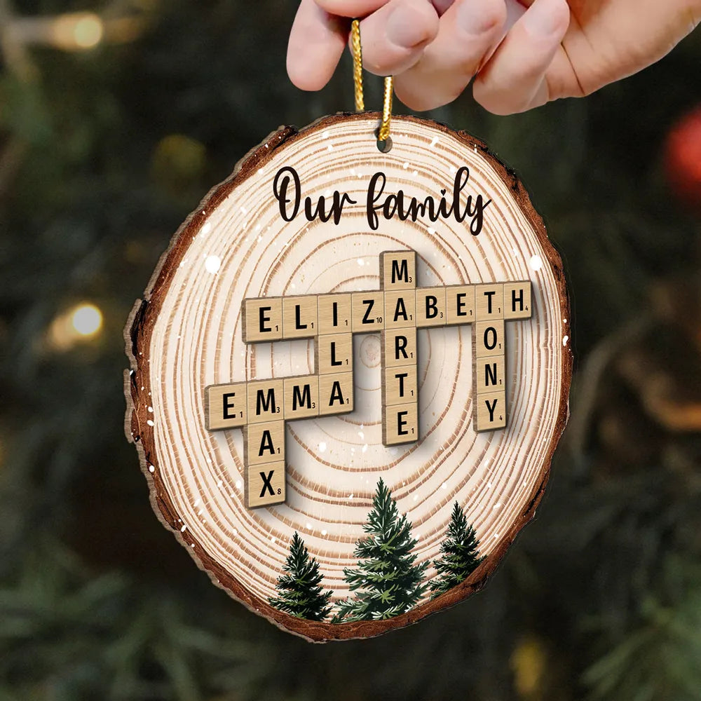 Christmas Tree Wood Pattern Family Names Puzzle Crossword - Personalized 2-Layer Wooden Ornament - Christmas Gift For Family