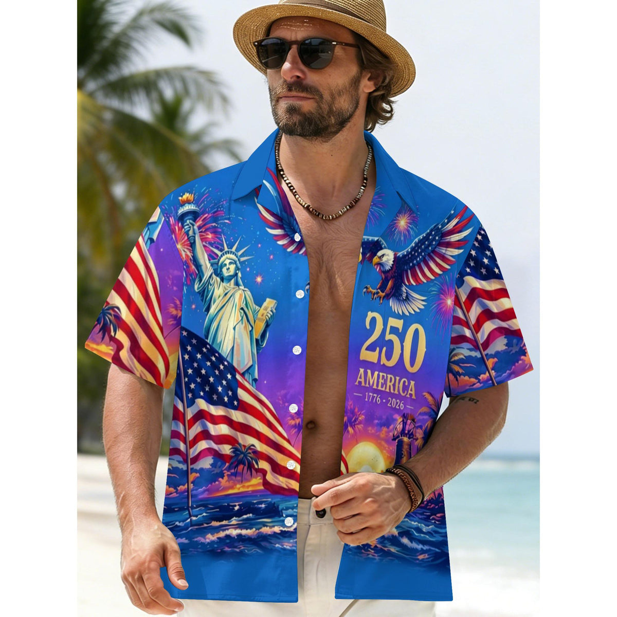 Men's Hawaiian Shirt America's Freedom 250th Anniversary,1776-2026 Patriotic Short Sleeve Button Down Vintage Shirt,United States 250 Years