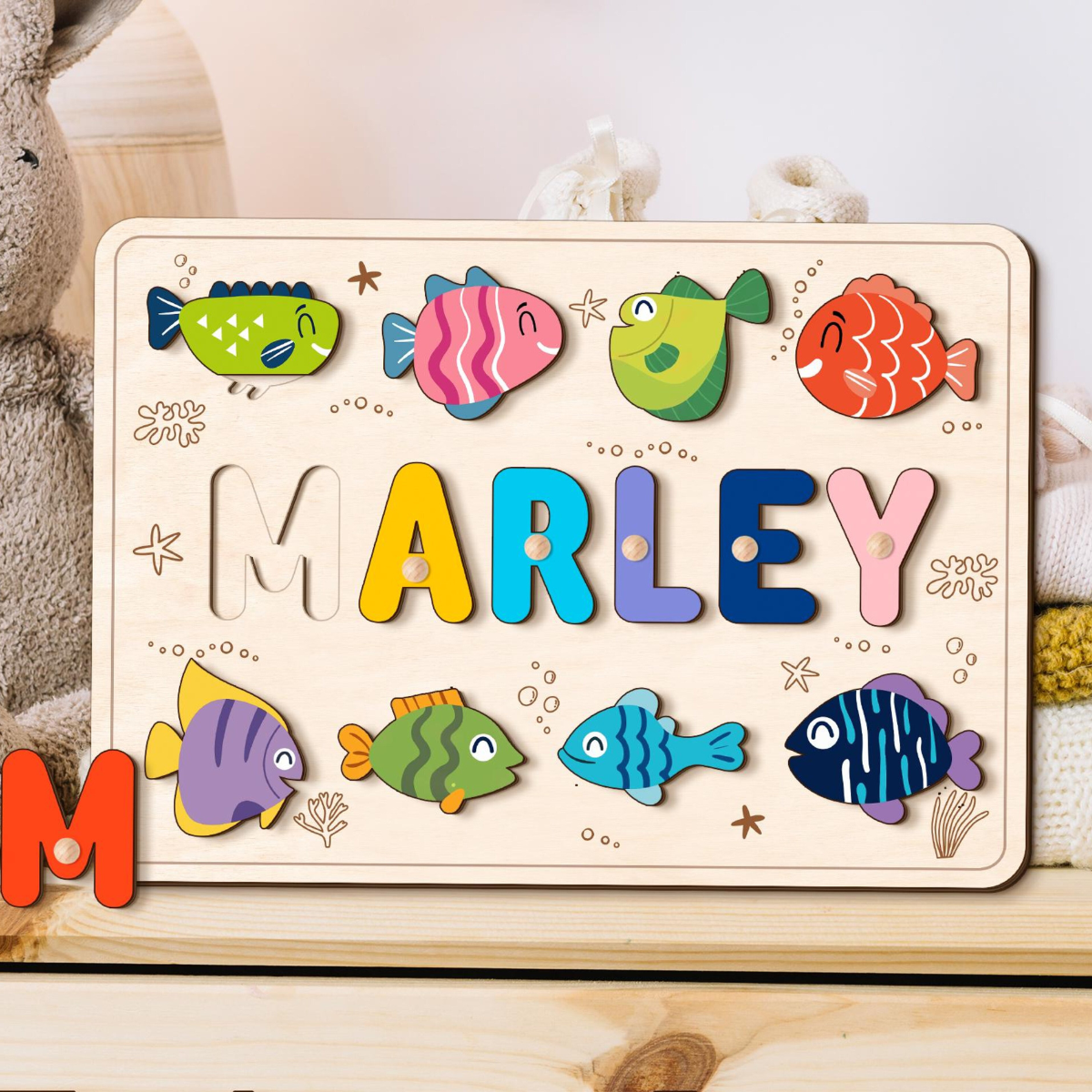 Ocean Life Name Puzzle with Fish, Wood Name Puzzle, Custom Handmade Name Puzzle, Birthday Gifts for Toddler, Montessori Board, Nursery Decor