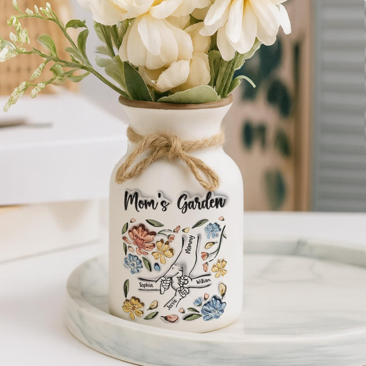 Personalized Mom's Garden Vase, Custom Kid Name Flower Jar, Mother's Day Gift, Family Flower Pot, Unique Mom Decor