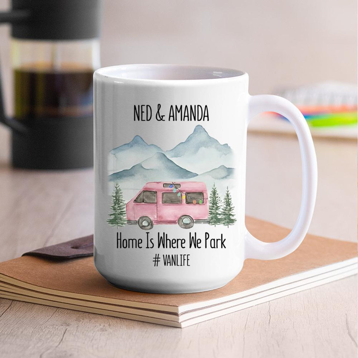 Personalized Happy Camper Mugs, Couple Camping Mugs, Van Life Mugs, Custom Names Couple Mugs, His And Hers, Home Is Where We Park Retro Van