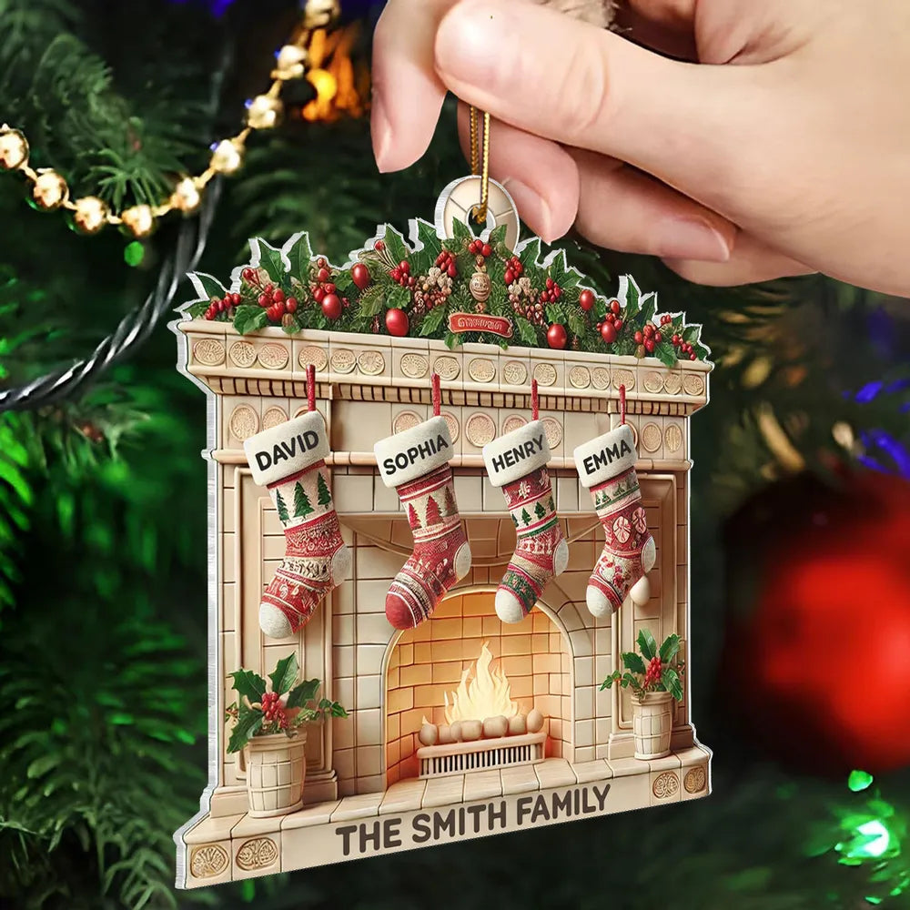 Christmas Retro Fireplace 3D Efect Family Christmas Stockings On Mantel Ornament, Christmas Gift For Family, Keepsake Ornament