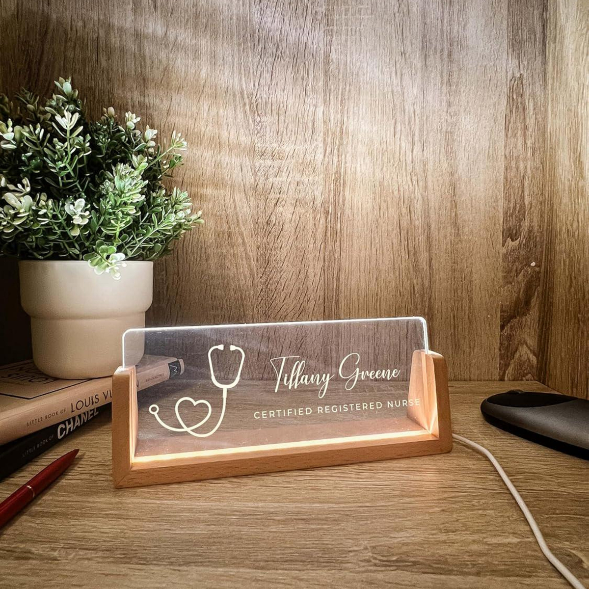 Personalized Name & Title Desk Plate Stand, Stethoscope Symbol Professional Medical Nurse Nursing, Office Sign LED Light Nameplate Gift