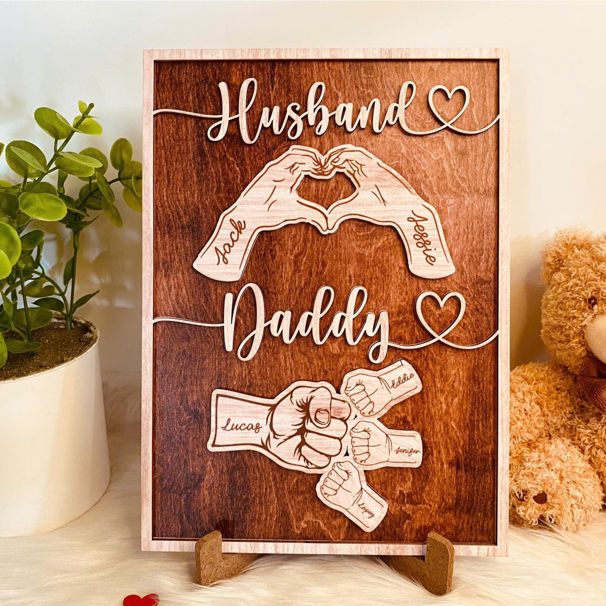 Personalized Dad Wooden Sign, Custom Kid's Name Wooden Sign, Fist Bump Husband Wood Sign, Father's Day 2025 Gift For Dad